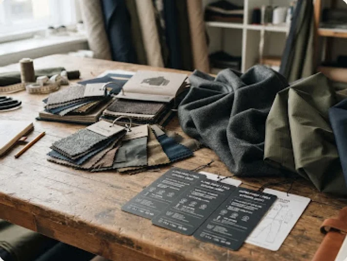 Fabric swatches and hang tags on a design studio table
